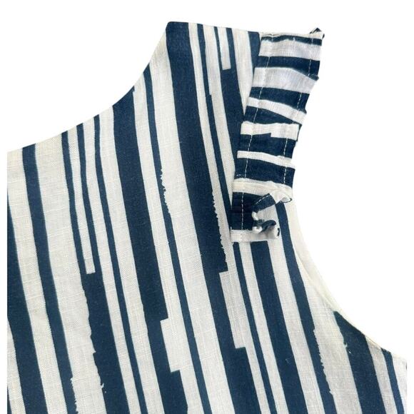 LUCCA Linen Navy Striped Ruffle Shoulder Sleeveless Top Resortwear Minimalist M - Picture 2 of 9